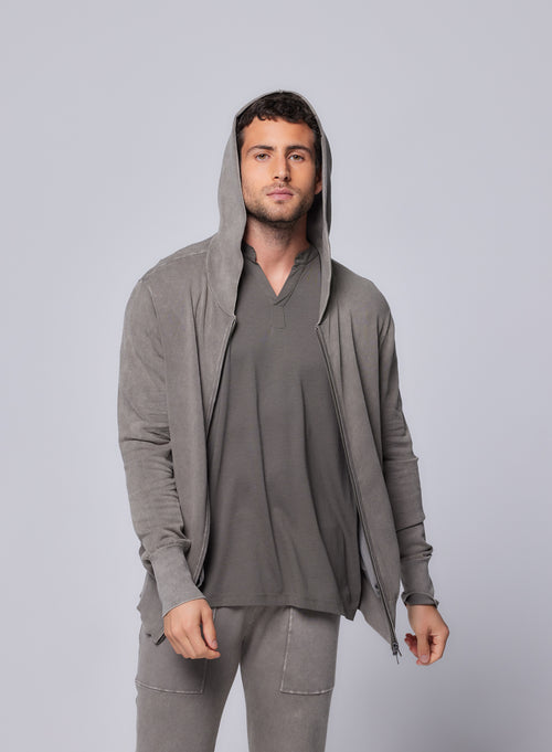 Green Long Sleeve Hooded Vest in Organic Cotton / Elastane - MAJESTIC FILATURES