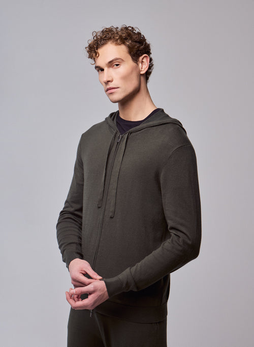 Gilet Vert Capuche Manches Longues en Coton organique / Elasthanne - MAJESTIC FILATURES