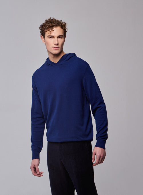 Blue Hooded Sweater Long Sleeves in Organic Cotton / Elastane - MAJESTIC FILATURES