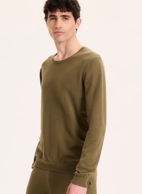 Pull Vert Col Rond Manches Longues en Coton organique Elasthanne