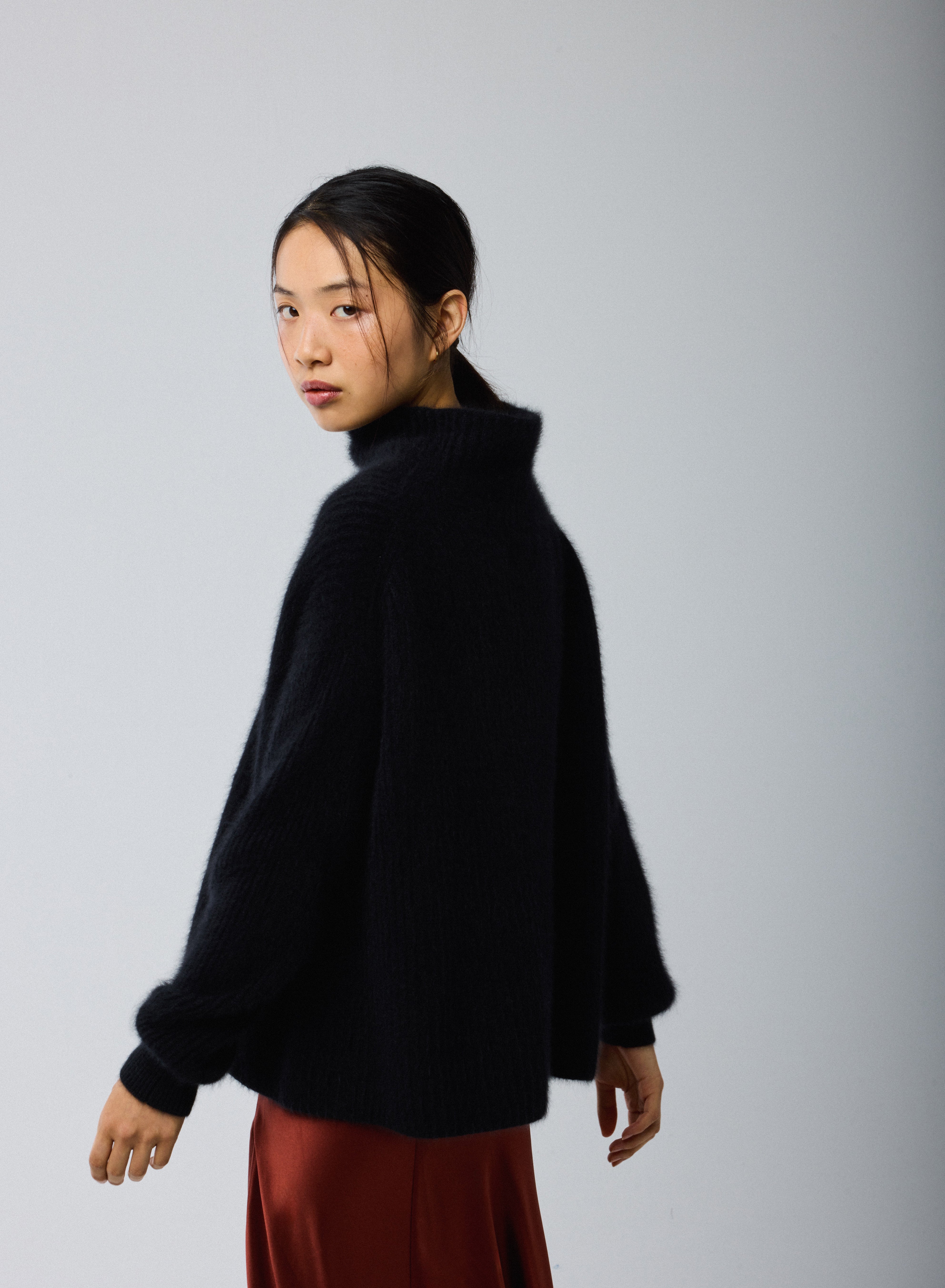 Black Turtleneck Sweater Long Sleeves in Wool / Fox / Polyamide
