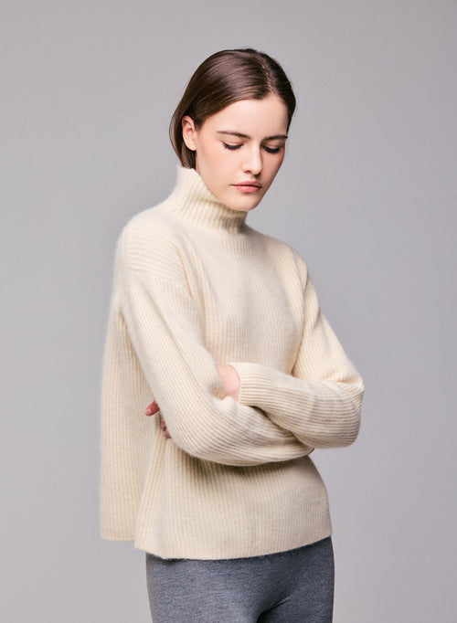 Jersey de cuello alto blanco con manga larga en lana / Fox / Poliamida - MAJESTIC FILATURES