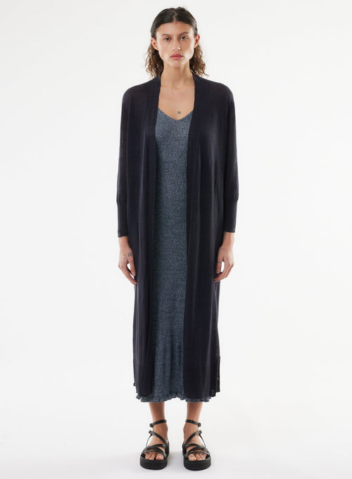 Cárdigan azul marino de manga larga con cuello abierto en lino - MAJESTIC FILATURES