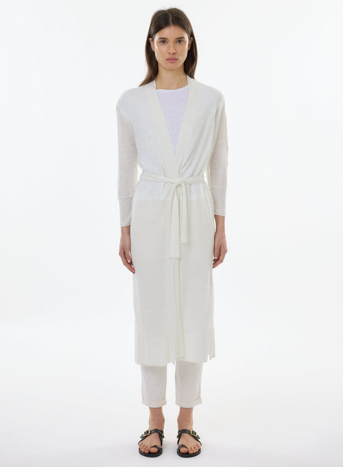 Gilet Blanc Manches Longues Col Ouvert en Lin - MAJESTIC FILATURES