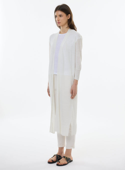 Gilet Blanc Manches Longues Col Ouvert en Lin - MAJESTIC FILATURES