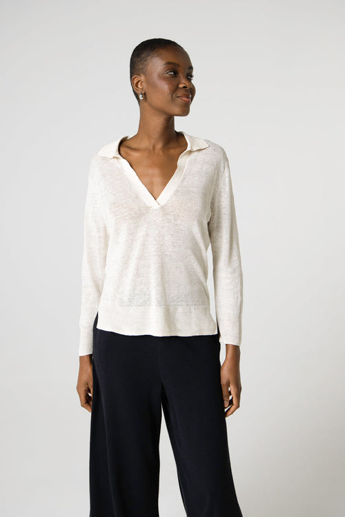 Polo Blanc Manches Trois quarts en Lin - MAJESTIC FILATURES