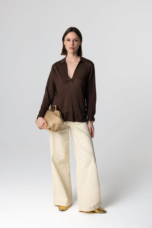 Polohemd mit Dreiviertelärmeln aus Leinen in Dunkelbraun - MAJESTIC FILATURES