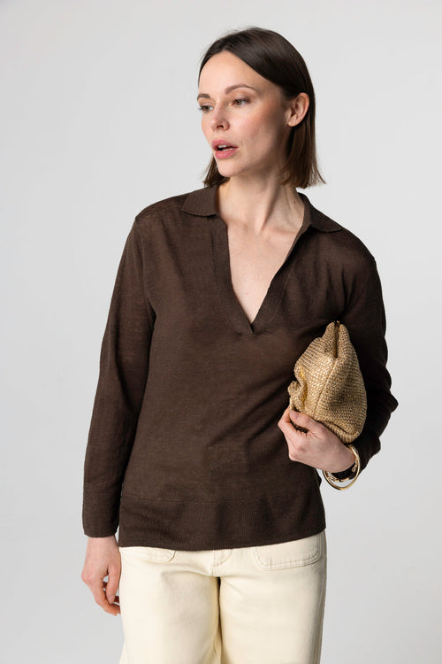 Dark Brown Polo Three-Quarter Sleeves in Linen - MAJESTIC FILATURES
