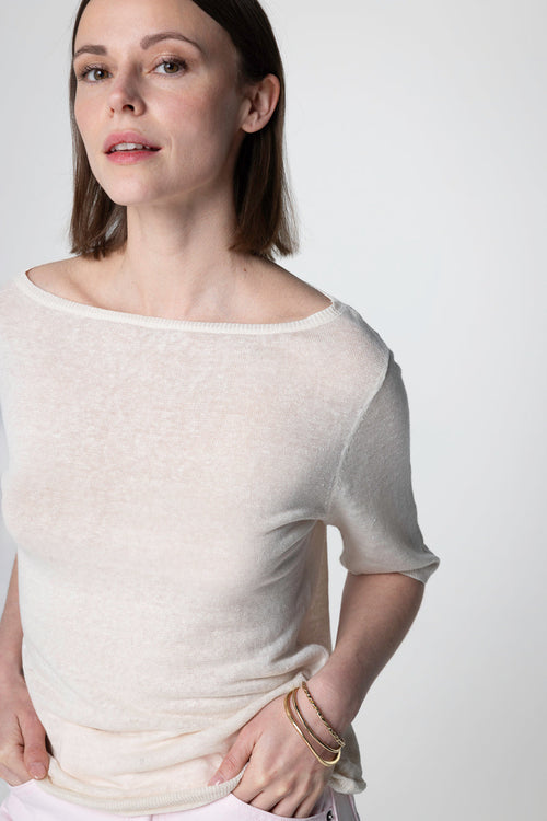 Pull Cream Col Rond Manches Courtes en Lin - MAJESTIC FILATURES