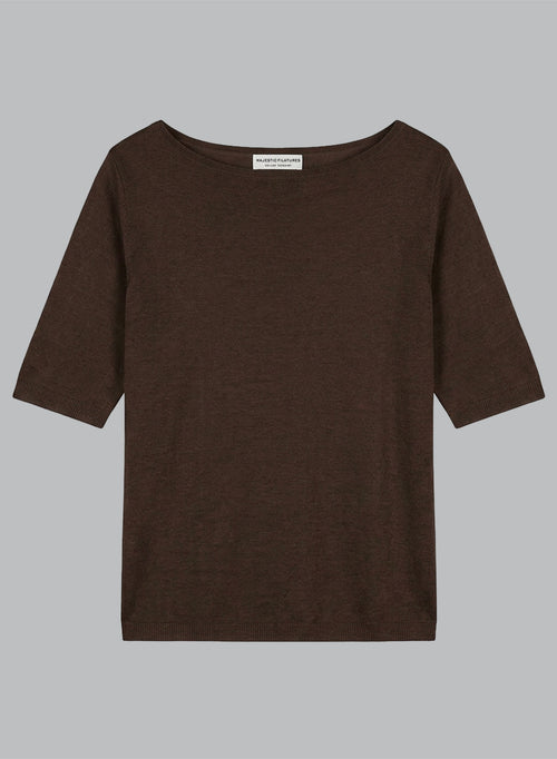 Pull Marron Foncé Col Rond Manches Courtes en Lin - MAJESTIC FILATURES