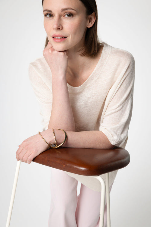 Jersey crema de cuello redondo y manga corta de lino - MAJESTIC FILATURES