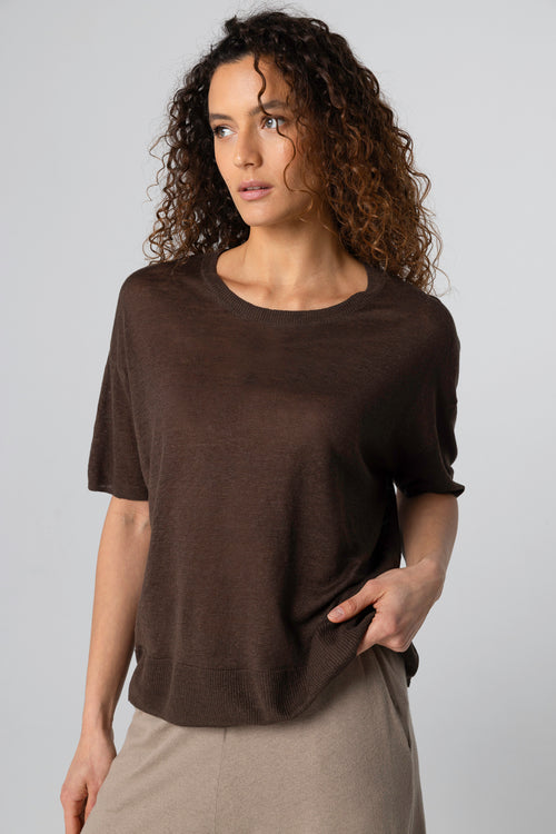 Pull Marron Foncé Col Rond Manches Courtes en Lin - MAJESTIC FILATURES