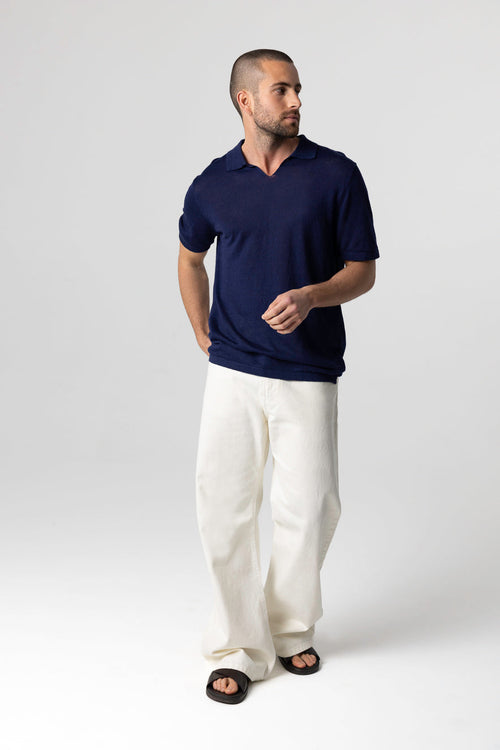 Kurzärmeliges Polohemd aus Leinen in Blue Moon - MAJESTIC FILATURES