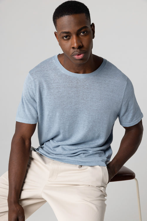 Jersey Azul Calanques cuello redondo manga corta de lino - MAJESTIC FILATURES