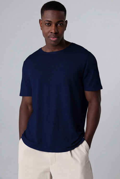 Pullover mit Rundhalsausschnitt und kurzen Ärmeln aus Leinen in Blau - MAJESTIC FILATURES