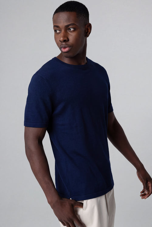 Pullover mit Rundhalsausschnitt und kurzen Ärmeln aus Leinen in Blau - MAJESTIC FILATURES