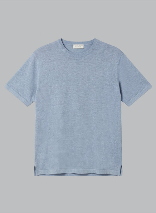 Pull Bleu Calanques Col Rond Manches Courtes en Lin - MAJESTIC FILATURES