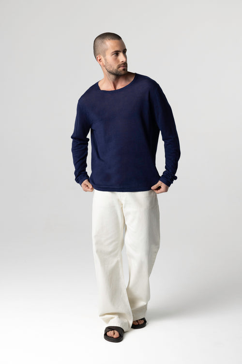 Jersey Blue Moon de cuello redondo y manga larga de lino - MAJESTIC FILATURES
