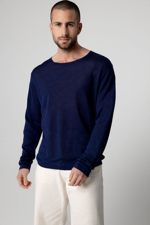 Jersey Blue Moon de cuello redondo y manga larga de lino - MAJESTIC FILATURES