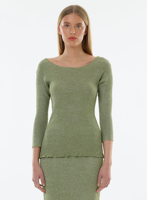Pull Vert Manches 3/4 Décolleté dos en Viscose / Fibre irisée - MAJESTIC FILATURES