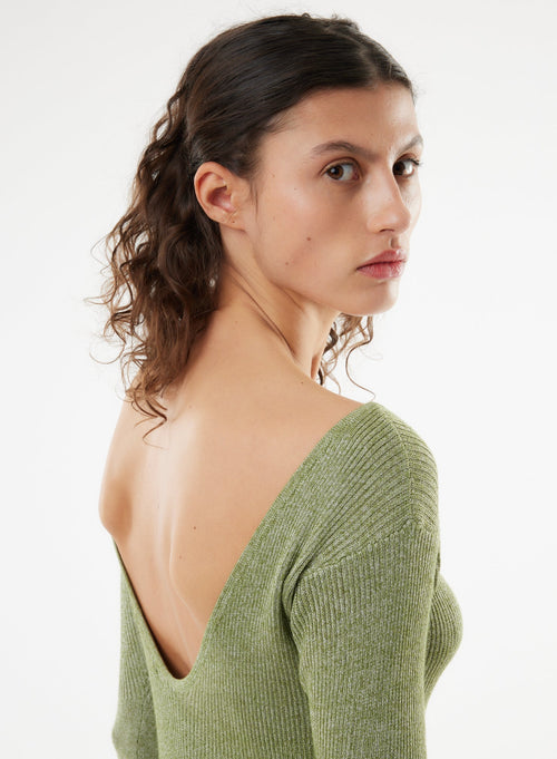 Pull Vert Manches 3/4 Décolleté dos en Viscose / Fibre irisée - MAJESTIC FILATURES