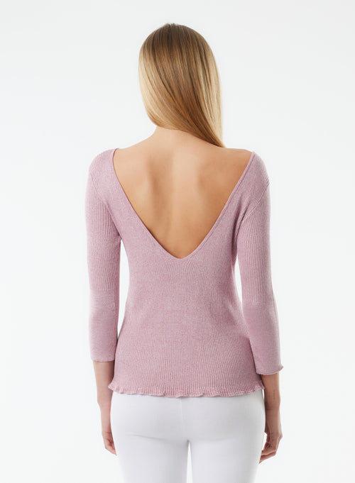 Rosa 3/4-Ärmel-Pullover mit Rückenausschnitt aus Viskose / Schillernder Faser - MAJESTIC FILATURES