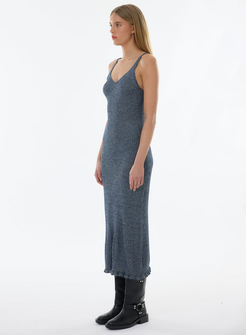Robe Bleue Sans Manches Col V en Viscose / Fibre irisée - MAJESTIC FILATURES