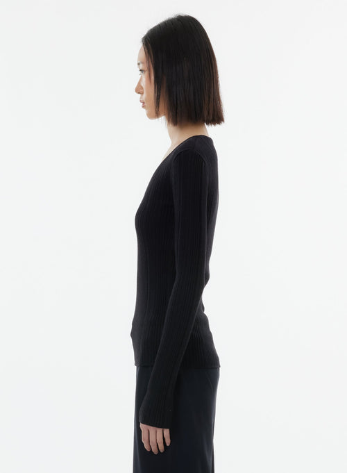 Schwarzer Langarm-Pullover mit V-Ausschnitt aus Baumwolle / Viskose / Elasthan / Metallfaser - MAJESTIC FILATURES