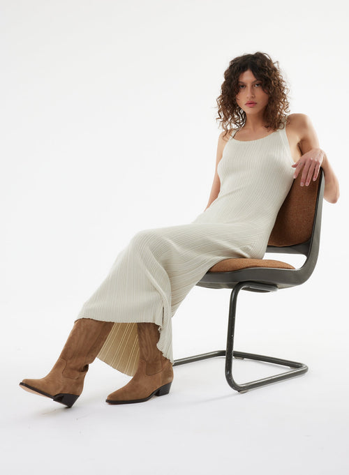 Beige Sleeveless Round Neck Dress - MAJESTIC FILATURES