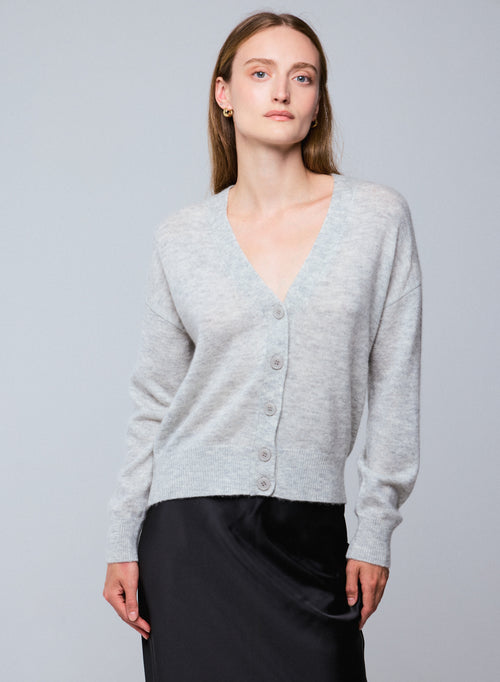 Gilet Gris Col V Manches Longues en Laine / Soie / Cachemire - MAJESTIC FILATURES