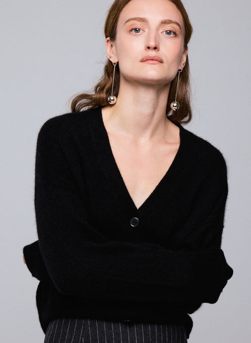 Black V-neck cardigan with long sleeves in wool / silk / cashmere - MAJESTIC FILATURES