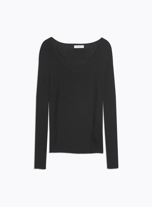 Black V-neck sweater with long sleeves in merino wool / silk - MAJESTIC FILATURES
