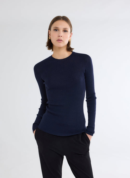 Navy Ribbed Round Neck Long Sleeve Merino Wool Sweater - MAJESTIC FILATURES