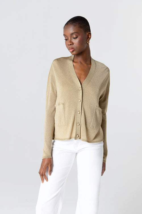 Gilet Doré Col Boutonné Manches Longues en Acetate / Fibre métallisée / Polyamide - MAJESTIC FILATURES