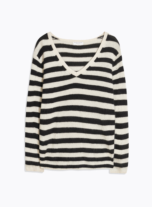 Black V-neck sweater with long sleeves in raccoon polyamide