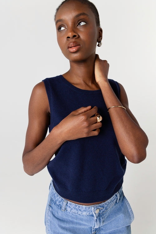 Débardeur Marine Col Rond Sans Manches en Cachemire - MAJESTIC FILATURES