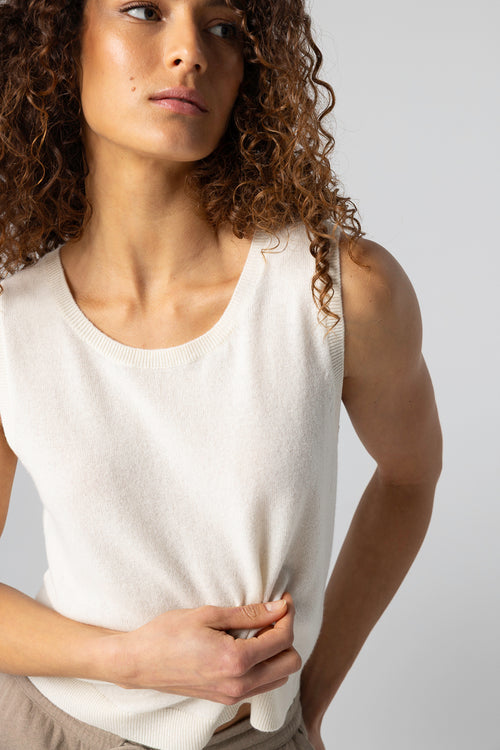 Débardeur Blanc Col Rond Sans Manches en Cachemire - MAJESTIC FILATURES