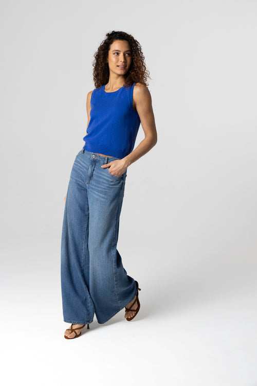 Débardeur Bleu Col Rond Sans Manches en Cachemire - MAJESTIC FILATURES