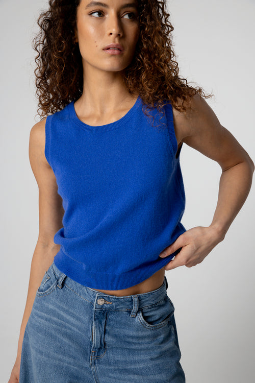 Débardeur Bleu Col Rond Sans Manches en Cachemire - MAJESTIC FILATURES