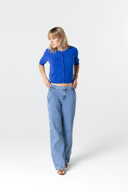 Gilet Bleu Col Rond Manches Coudes en Cachemire - MAJESTIC FILATURES