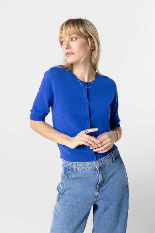 Gilet Bleu Col Rond Manches Coudes en Cachemire - MAJESTIC FILATURES