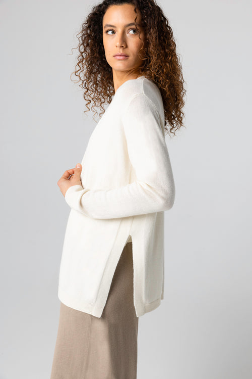Gilet Blanc Col V Manches Longues en Cachemire - MAJESTIC FILATURES