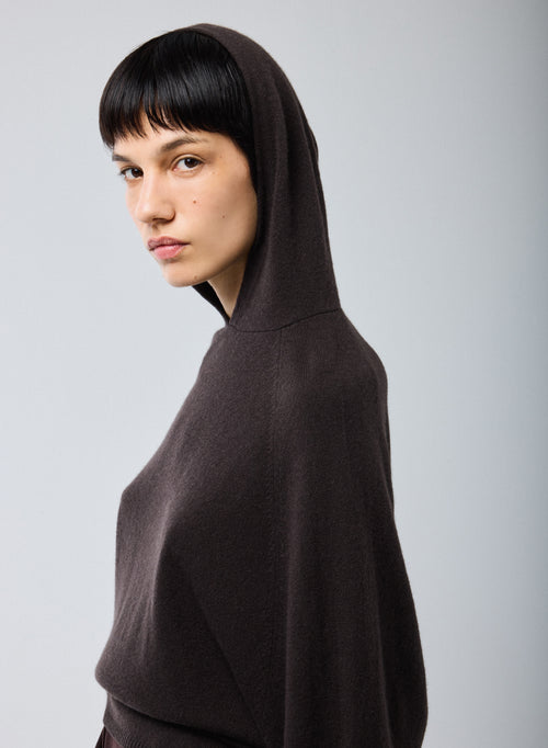 Pull Marron Capuche Manches Longues en Cachemire - MAJESTIC FILATURES