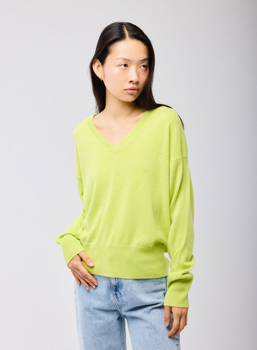 Pull Jaune Col V Manches Longues en Cachemire - MAJESTIC FILATURES