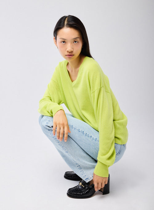 Pull Jaune Col V Manches Longues en Cachemire - MAJESTIC FILATURES