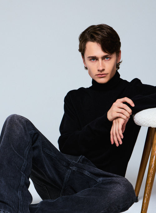 Jersey negro de cuello alto de cachemir de manga larga - MAJESTIC FILATURES