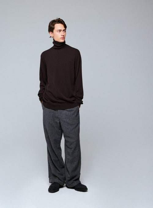 Pull Marron Col Roulé Manches Longues en Cachemire - MAJESTIC FILATURES