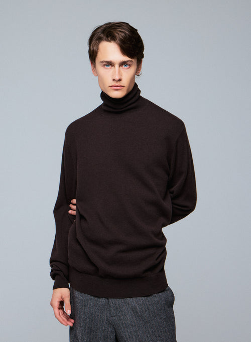 Pull Marron Col Roulé Manches Longues en Cachemire - MAJESTIC FILATURES