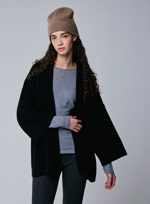 Chaleco de Cuello de Perro de Lana Merino de Manga Larga Negra - MAJESTIC FILATURES