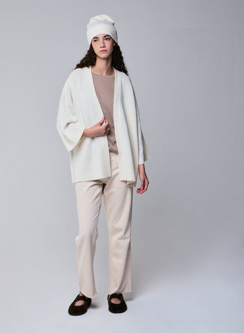 Gilet Blanc Col Châle Manches Longues en Laine merinos - MAJESTIC FILATURES